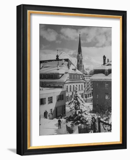 Snow-Covered Winter-Resort Village St. Moritz. Evangelical Church in Background-Alfred Eisenstaedt-Framed Photographic Print