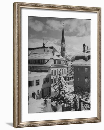 Snow-Covered Winter-Resort Village St. Moritz. Evangelical Church in Background-Alfred Eisenstaedt-Framed Photographic Print