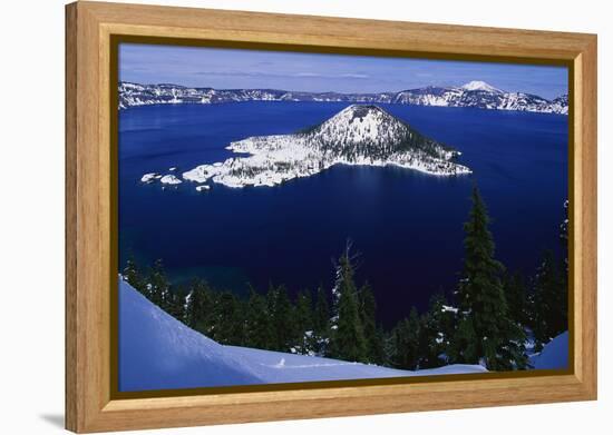 Snow Covered Wizard Island on Crater Lake-Paul Souders-Framed Premier Image Canvas