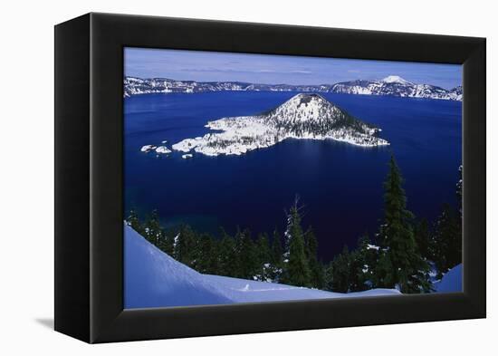 Snow Covered Wizard Island on Crater Lake-Paul Souders-Framed Premier Image Canvas