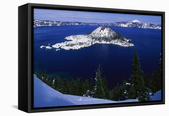 Snow Covered Wizard Island on Crater Lake-Paul Souders-Framed Premier Image Canvas