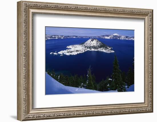 Snow Covered Wizard Island on Crater Lake-Paul Souders-Framed Photographic Print