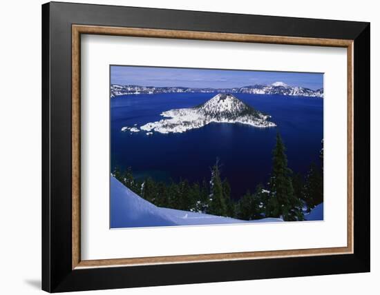 Snow Covered Wizard Island on Crater Lake-Paul Souders-Framed Photographic Print