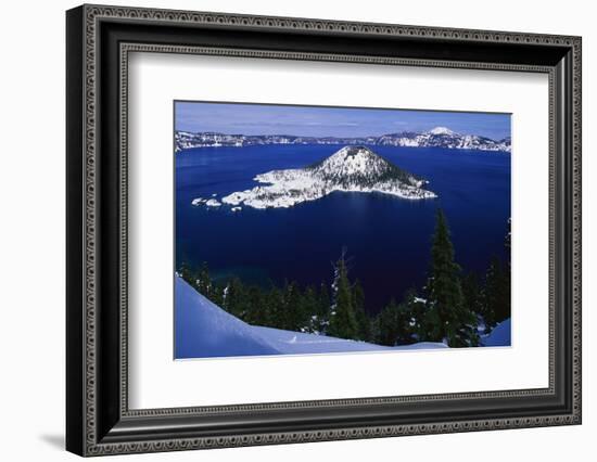 Snow Covered Wizard Island on Crater Lake-Paul Souders-Framed Photographic Print