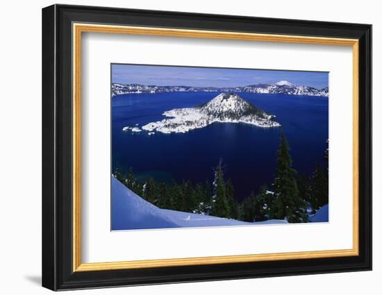 Snow Covered Wizard Island on Crater Lake-Paul Souders-Framed Photographic Print