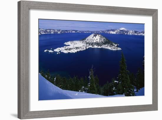 Snow Covered Wizard Island on Crater Lake-Paul Souders-Framed Photographic Print