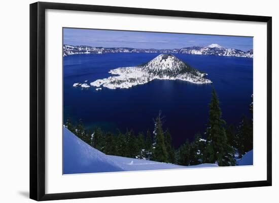 Snow Covered Wizard Island on Crater Lake-Paul Souders-Framed Photographic Print