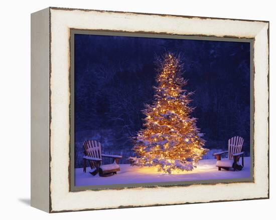 Snow Covering Adirondack Chairs by Lit Christmas Tree-Jim Craigmyle-Framed Premier Image Canvas