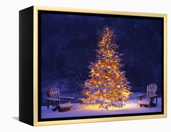 Snow Covering Adirondack Chairs by Lit Christmas Tree-Jim Craigmyle-Framed Premier Image Canvas
