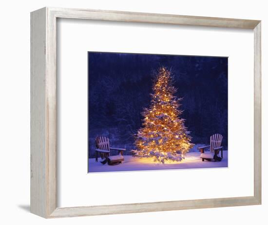 Snow Covering Adirondack Chairs by Lit Christmas Tree-Jim Craigmyle-Framed Premium Photographic Print