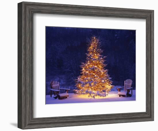 Snow Covering Adirondack Chairs by Lit Christmas Tree-Jim Craigmyle-Framed Photographic Print