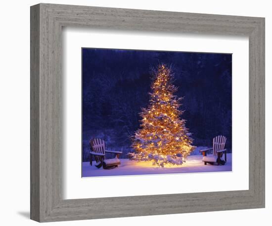 Snow Covering Adirondack Chairs by Lit Christmas Tree-Jim Craigmyle-Framed Photographic Print