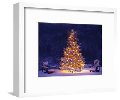 'Snow Covering Adirondack Chairs by Lit Christmas Tree' Photographic ...