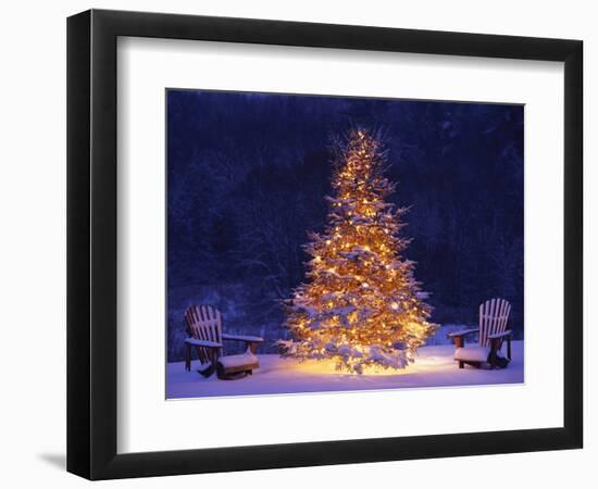 Snow Covering Adirondack Chairs by Lit Christmas Tree-Jim Craigmyle-Framed Photographic Print