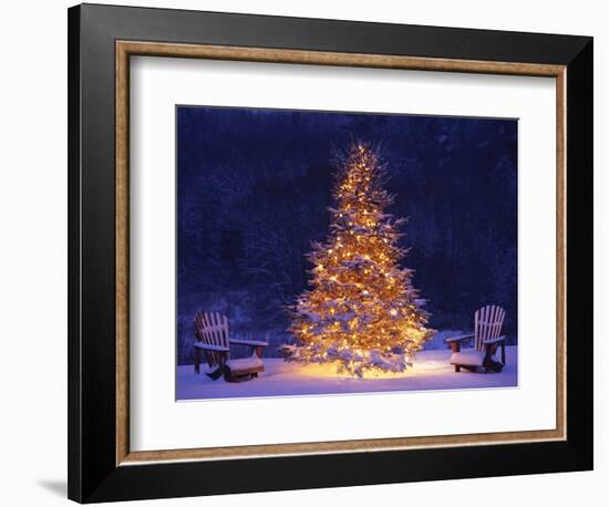 Snow Covering Adirondack Chairs by Lit Christmas Tree-Jim Craigmyle-Framed Photographic Print