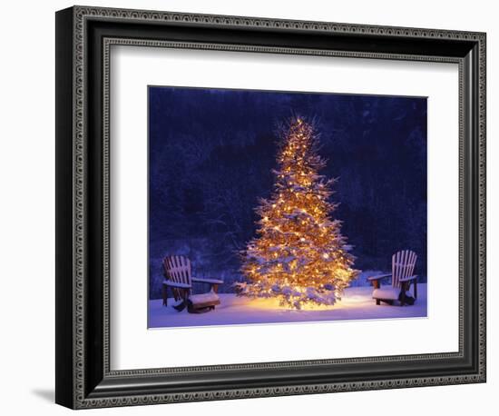 Snow Covering Adirondack Chairs by Lit Christmas Tree-Jim Craigmyle-Framed Photographic Print