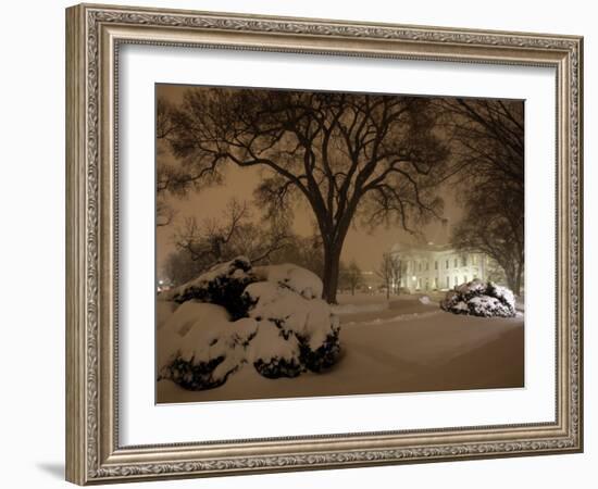 Snow Covers the Lawn in Front of the White House in Washington-null-Framed Photographic Print