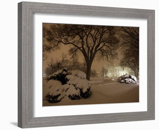 Snow Covers the Lawn in Front of the White House in Washington-null-Framed Photographic Print