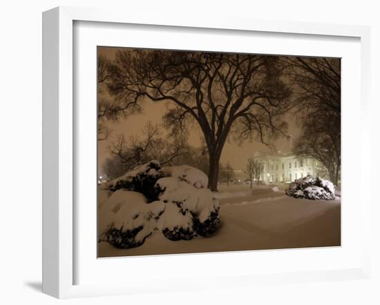 Snow Covers the Lawn in Front of the White House in Washington-null-Framed Photographic Print