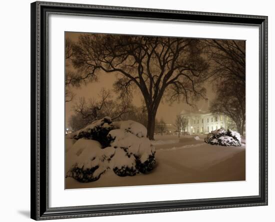 Snow Covers the Lawn in Front of the White House in Washington-null-Framed Photographic Print