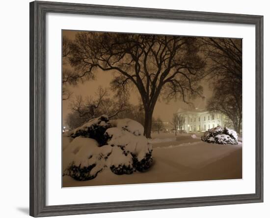 Snow Covers the Lawn in Front of the White House in Washington-null-Framed Photographic Print