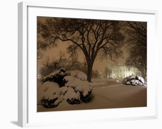 Snow Covers the Lawn in Front of the White House in Washington-null-Framed Photographic Print