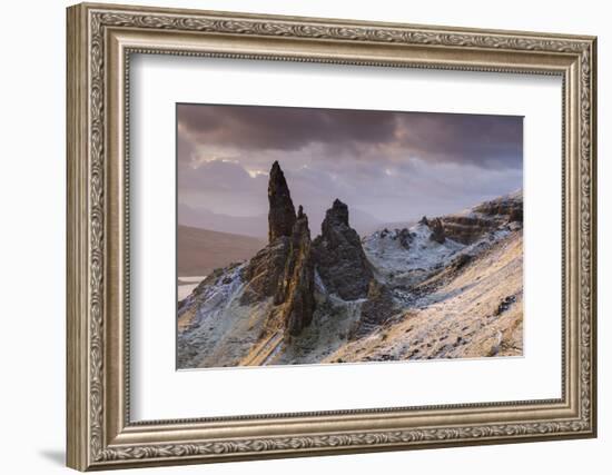 Snow dusted Old Man of Storr at sunrise, Isle of Skye, Scotland. Winter (December) 2013-Adam Burton-Framed Photographic Print