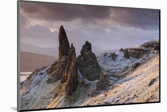 Snow dusted Old Man of Storr at sunrise, Isle of Skye, Scotland. Winter (December) 2013-Adam Burton-Mounted Photographic Print