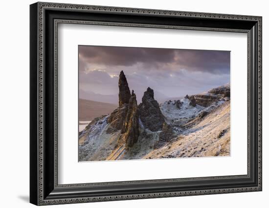 Snow dusted Old Man of Storr at sunrise, Isle of Skye, Scotland. Winter (December) 2013-Adam Burton-Framed Photographic Print