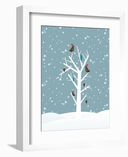 Snow Fall Background with Birds Sitting on Dry Tree Branch Vector for Merry Christmas-Allies Interactive-Framed Premium Giclee Print