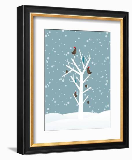 Snow Fall Background with Birds Sitting on Dry Tree Branch Vector for Merry Christmas-Allies Interactive-Framed Premium Giclee Print