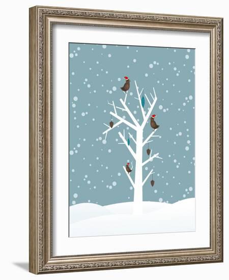 Snow Fall Background with Birds Sitting on Dry Tree Branch Vector for Merry Christmas-Allies Interactive-Framed Art Print