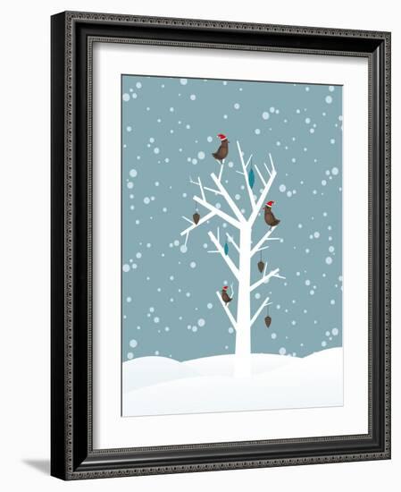 Snow Fall Background with Birds Sitting on Dry Tree Branch Vector for Merry Christmas-Allies Interactive-Framed Art Print