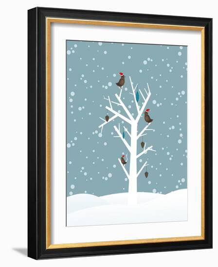 Snow Fall Background with Birds Sitting on Dry Tree Branch Vector for Merry Christmas-Allies Interactive-Framed Art Print