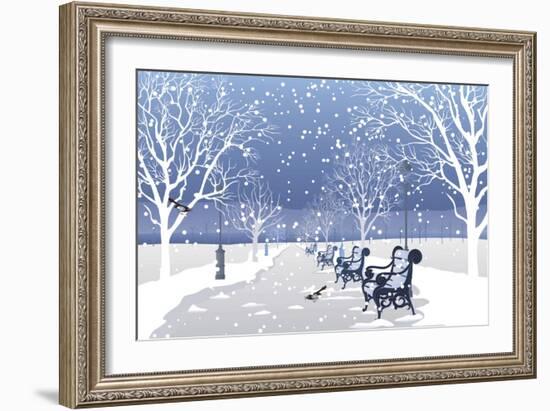 Snow falling in City Park-Milovelen-Framed Art Print