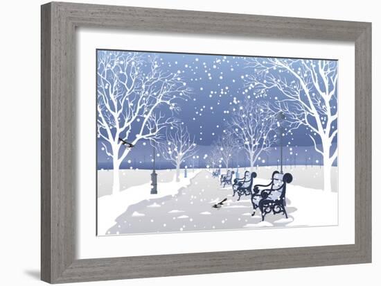 Snow falling in City Park-Milovelen-Framed Art Print