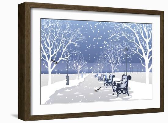 Snow falling in City Park-Milovelen-Framed Art Print