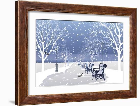 Snow falling in City Park-Milovelen-Framed Art Print