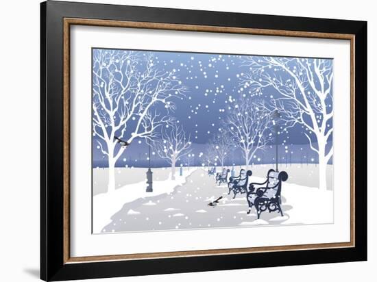 Snow falling in City Park-Milovelen-Framed Art Print