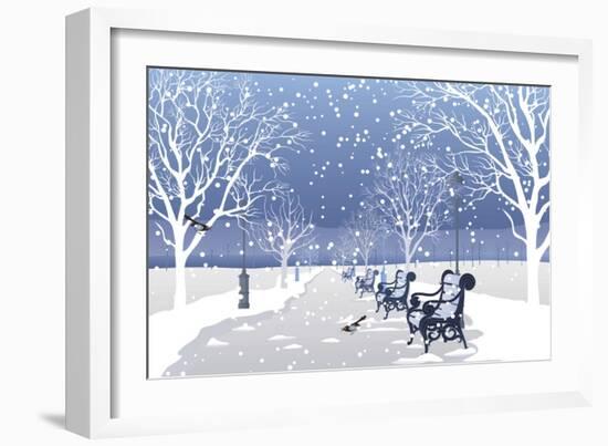 Snow falling in City Park-Milovelen-Framed Art Print
