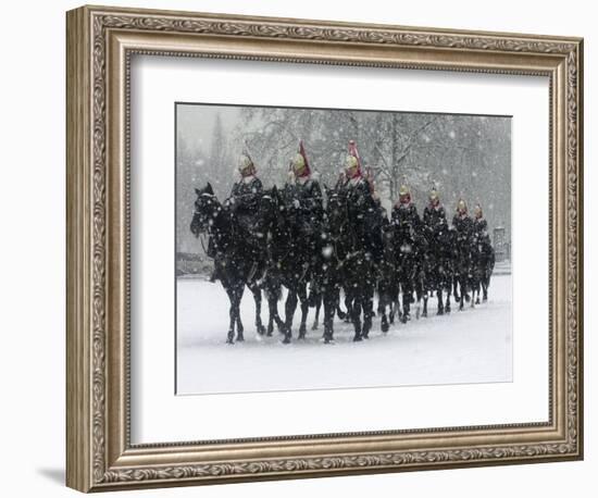 Snow Falling on Members of the Household Cavalry as They Cross Horse Guards Parade-null-Framed Photographic Print