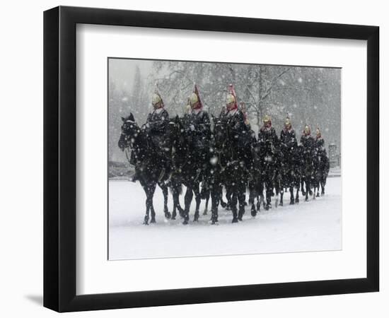 Snow Falling on Members of the Household Cavalry as They Cross Horse Guards Parade-null-Framed Photographic Print