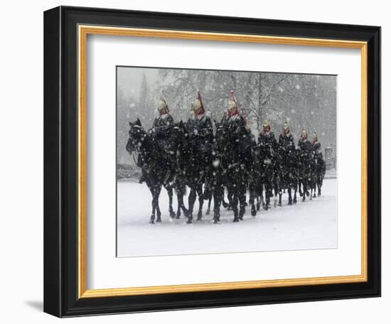 Snow Falling on Members of the Household Cavalry as They Cross Horse Guards Parade-null-Framed Photographic Print