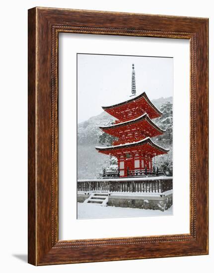Snow falling on small red pagoda, Kiyomizu-dera Temple, UNESCO World Heritage Site, Kyoto, Japan, A-Damien Douxchamps-Framed Photographic Print