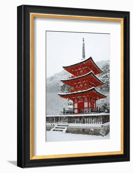 Snow falling on small red pagoda, Kiyomizu-dera Temple, UNESCO World Heritage Site, Kyoto, Japan, A-Damien Douxchamps-Framed Photographic Print