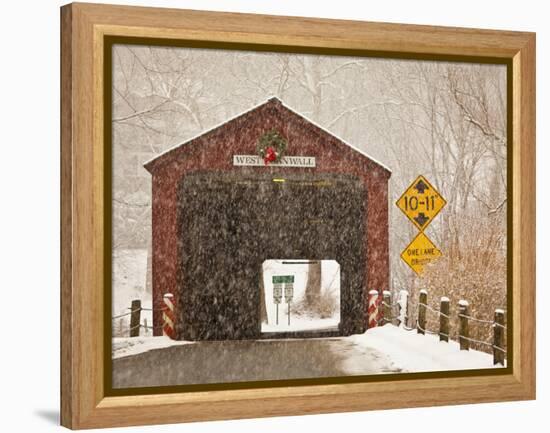 Snow Falling on the West Cornwall Covered Bridge over the Housatonic River, Connecticut, Usa-Jerry & Marcy Monkman-Framed Premier Image Canvas