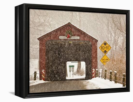 Snow Falling on the West Cornwall Covered Bridge over the Housatonic River, Connecticut, Usa-Jerry & Marcy Monkman-Framed Premier Image Canvas