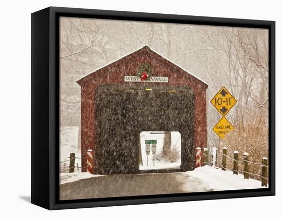 Snow Falling on the West Cornwall Covered Bridge over the Housatonic River, Connecticut, Usa-Jerry & Marcy Monkman-Framed Premier Image Canvas