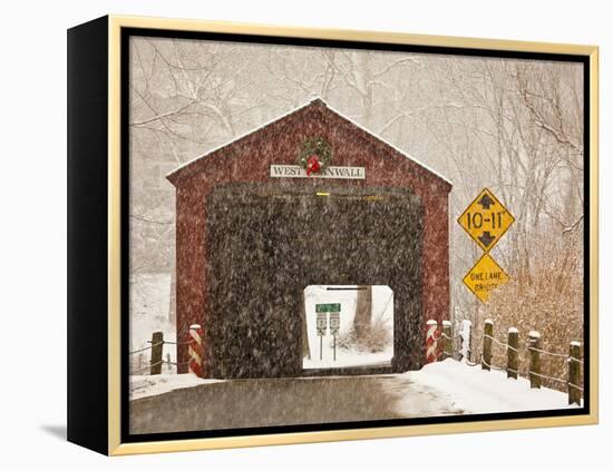 Snow Falling on the West Cornwall Covered Bridge over the Housatonic River, Connecticut, Usa-Jerry & Marcy Monkman-Framed Premier Image Canvas