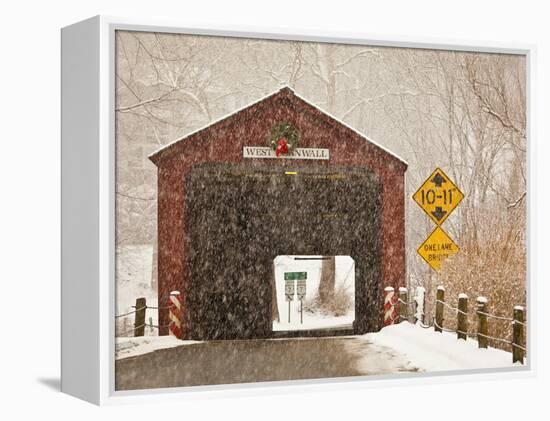 Snow Falling on the West Cornwall Covered Bridge over the Housatonic River, Connecticut, Usa-Jerry & Marcy Monkman-Framed Premier Image Canvas